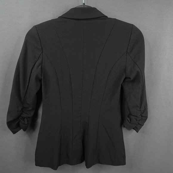 Women Blazer Jacket XS Black Retro Y2K Ruched Sleeve Minimalist Capsule Corpcore - Picture 3 of 11